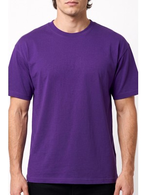 Hadiora Unisex Mor Bisiklet Yaka Oversize Tişört - Basic Bol Kesim Günlük T-Shirt