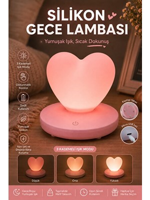 Maison Luré Kalp Şekilli Silikon Gece Lambası, Şarjlı ve Parlaklık Ayarlı Masa ve Gece Lambası