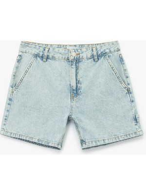 Koton Pamuklu Chino Cepli Rahat Kalıp Düğmeli Mini Denim Şort