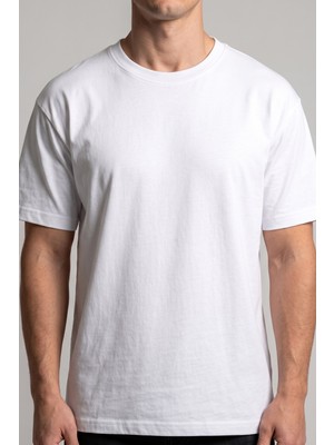 Hadiora Unisex Beyaz Bisiklet Yaka Oversize Tişört - Basic Bol Kesim Günlük T-Shirt