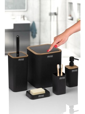 Okyanus Home Siyah Çizgili Kare 5'li Banyo Seti Modern Stil Suya Dayanıklı Malzeme ile