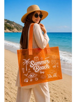 Trink Çanta Turuncu  Renk Summer Beach Bag Baskılı Şeffaf Plaj Çantası