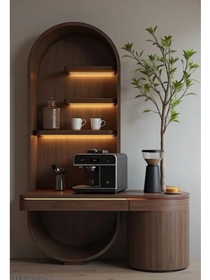 Hernest Kemer Tasarımlı LED Aydınlatmalı Kahve Köşesi Dolabı ve Kahve Barı Ceviz 150 x 220 cm