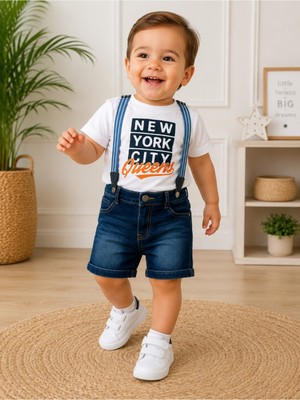 Chicsy Baby Erkek Bebek New York Baskılı Askılı Kot Şortlu 2\'li Takım Yazlık Şık Kombin