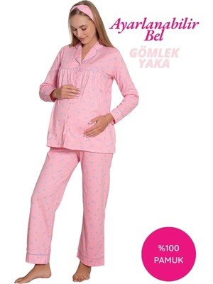 Alimer Pembe Kalpli Hamile Önden Düğmeli Uzun Kol Mevsimlik Bel Ayarlı %100 Pamuk Pijama Takımı-Geniş Kalıp