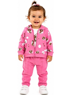 Chicsy Baby Kız Bebek Leopar Baskılı 3\'lü Takım Kapüşonlu Fermuarlı Hırka Body Pantolon Seti