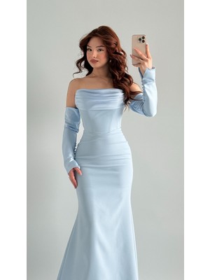 Ayşenur Dinçer Butik Alya Saten Kollu Abiye Bebe Mavisi