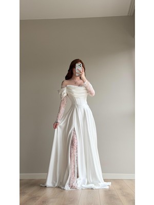 Ayşenur Dinçer Butik Royal Dantel Detaylı Beyaz Abiye