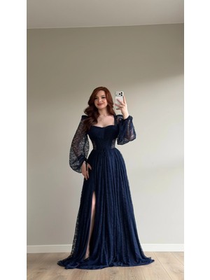 Ayşenur Dinçer Butik Romance Dantelli Abiye Lacivert