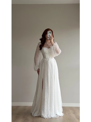 Ayşenur Dinçer Butik Romance Dantelli Abiye Beyaz