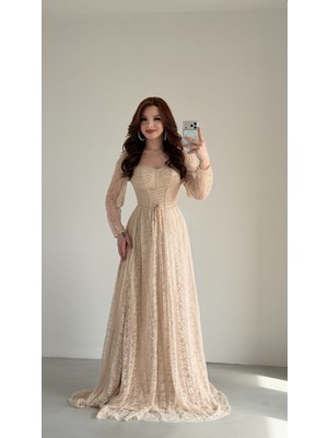 Ayşenur Dinçer Butik Romance Dantelli Abiye Krem