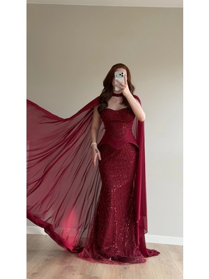 Ayşenur Dinçer Butik Dilruba Pelerinli Abiye Bordo