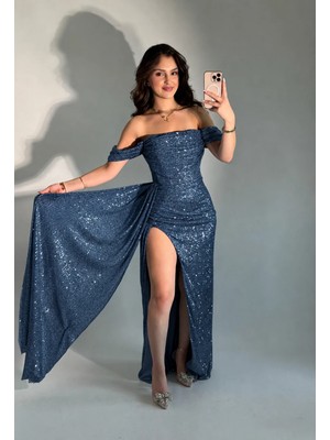 Jasmin Pullu Düşük Omuz Abiye Indigo