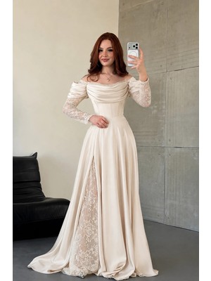 Ayşenur Dinçer Butik Royal Dantel Detaylı Ekru  Abiye