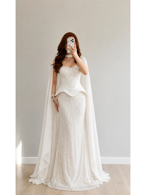 Ayşenur Dinçer Butik Dilruba Pelerinli Abiye Beyaz
