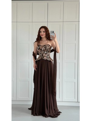 Ayşenur Dinçer Butik Majeste Özel Şifon Abiye Kahverengi
