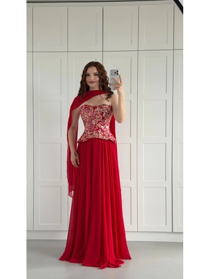 Ayşenur Dinçer Butik Majeste Özel Şifon Abiye Kırmızı