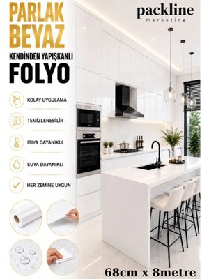 Packline Marketing Mutfak Tezgah Dolap Mobilya ve Beyaz Kaplama Folyosu Parlak Beyaz 68CMX8M