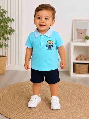 Chicsy Baby Erkek Bebek Polo Yaka Baskılı Tişört Şortlu 2\'li Takım