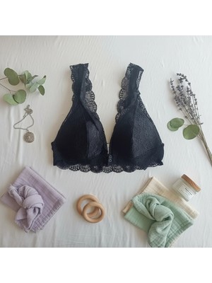 Bonbon Kadın Dantelli Önden Çıtçıtlı Emzirme Sütyeni Siyah Renk BB2719