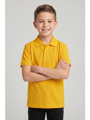 Nacar Çarşı Unisex Çocuk Parlak Sarı Lakost Polo Yaka Kısa Kollu Okul Tişörtü