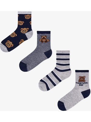 Penti Erkek Çocuk Koyu Mavi Navy Teddy Ayı Desenli Pamuklu 4 Çift Soket Çorap