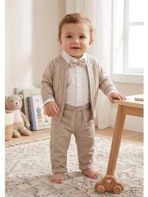 Concept Hırka+Papyon+Keten Pantolon 3'lü Erkek Bebek Takım Beli Lastikli Esnek Rahat Yenidoğan Bebek Takım