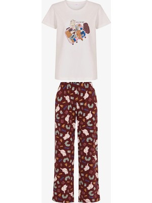 Penti Kahverengi Best Vacation Kedi Desenli Pantolon Kısa Kollu Pijama Takımı