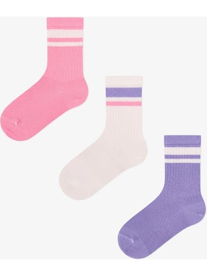Penti Kız Çocuk Lila Violet Mist Çizgili Pamuklu 3 Çift Soket Çorap