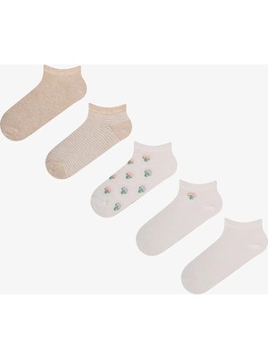 Penti Beyaz Kahve Soft Blossom Çiçekli Pamuklu 5 Çift Patik Çorap