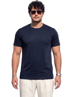 Tişört %100 Pamuk Bisiklet Yaka Tişört Regulat Fit Tişört Süprem Penye Yumuşacık T-Shirt Basic Tişört Lacivert