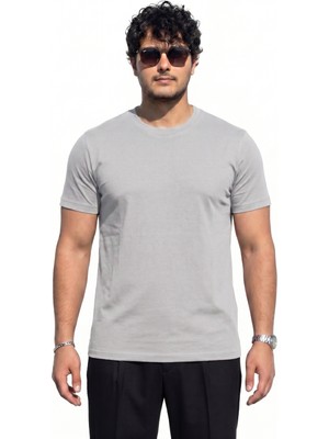 Tişört %100 Pamuk Bisiklet Yaka Tişört Regulat Fit Tişört Süprem Penye Yumuşacık T-Shirt Basic Tişört Gümüş Gri