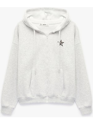 Koton Şardonlu Uzun Kollu Kanguru Cepli Nakışlı Fermuarlı Kapüşonlu Sweatshirt