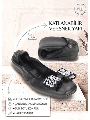 Gökhan Talay Valesa Katlanabilir Esnek Yumuşak Kaymaz Taban Siyah Cilt Köşe Taş Detaylı Köşe Burun Kadın Babet Ayakkabı