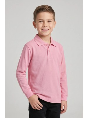 Nacar Çarşı Unisex Çocuk Pembe Lakost Polo Yaka Uzun Kollu Okul Tişörtü