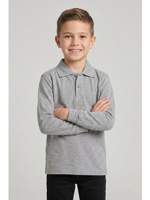 Fatella Unisex Çocuk Gri Lakost Polo Yaka Uzun Kollu Okul Tişörtü