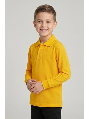 Fatella Unisex Çocuk Parlak Sarı Lakost Polo Yaka Uzun Kollu Okul Tişörtü