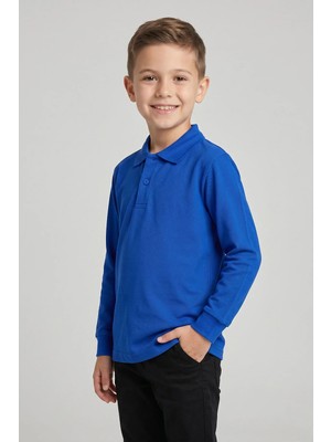 Nacar Çarşı Unisex Çocuk Saks Mavi Lakost Polo Yaka Uzun Kollu Okul Tişörtü