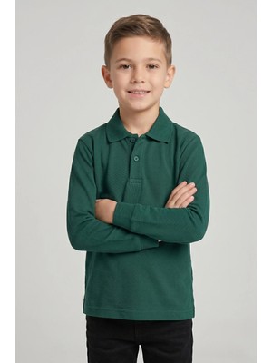 Nacar Çarşı Unisex Çocuk Nefti Yeşil Lakost Polo Yaka Uzun Kollu Okul Tişörtü