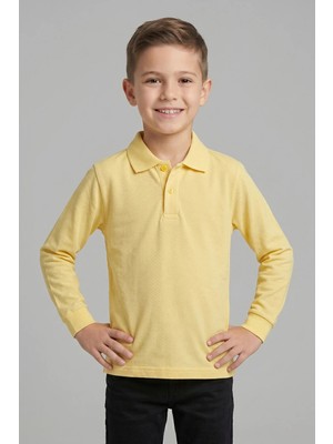 Fatella Unisex Çocuk Açık Sarı Lakost Polo Yaka Uzun Kollu Okul Tişörtü