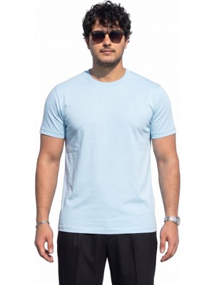 Tişört %100 Pamuk Bisiklet Yaka Tişört Regulat Fit Tişört Süprem Penye Yumuşacık T-Shirt Basic Tişört Baby Blue