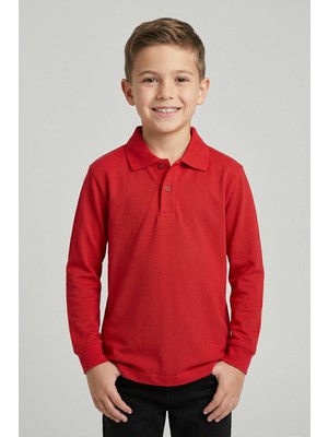 Fatella Unisex Çocuk Kırmızı Lakost Polo Yaka Uzun Kollu Okul Tişörtü