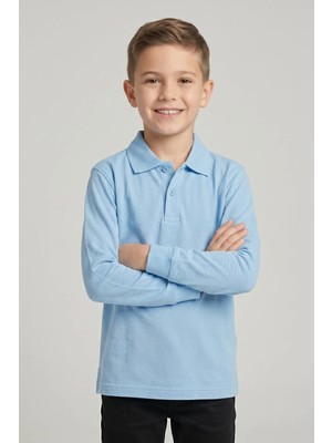 Fatella Unisex Çocuk Bebe Mavi Lakost Polo Yaka Uzun Kollu Okul Tişörtü
