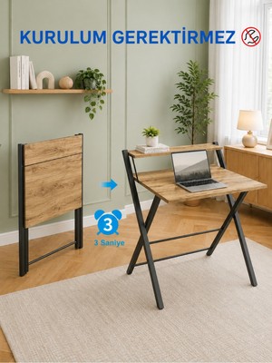 Unideco Home Metal Ayaklı Laptop Masası Katlanır Çalışma Masası Raflı Masa Katlanır Laptop Sehpası Bodo Siyah Çam