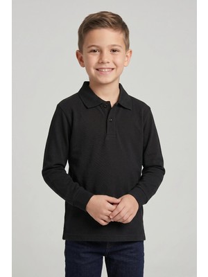 Fatella Unisex Çocuk Siyah Lakost Polo Yaka Uzun Kollu Okul Tişörtü