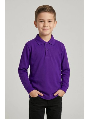 Nacar Çarşı Unisex Çocuk Koyu Mor Lakost Polo Yaka Uzun Kollu Okul Tişörtü