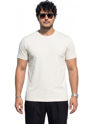 Tişört %100 Pamuk Bisiklet Yaka Tişört Regulat Fit Tişört Süprem Penye Yumuşacık T-Shirt Basic Tişört Ekru