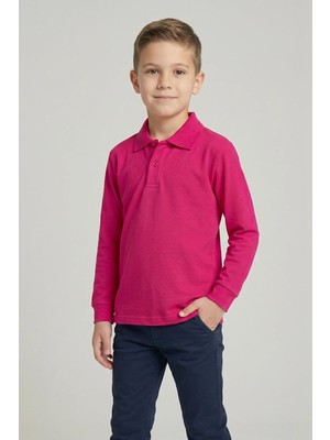 Fatella Unisex Çocuk Fuşya Lakost Polo Yaka Uzun Kollu Okul Tişörtü