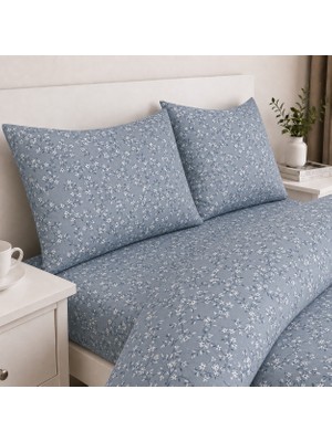 Freyja Home %100 Pamuk Çift Kişilik Lastikli Çarşaflı Nevresim Takımı | Mavi Vintage Çiçek