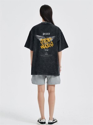Touz Dompuleri Moda Yıkamalı Sırt Baskılı Peace Unisex Eskitme T-Shirt